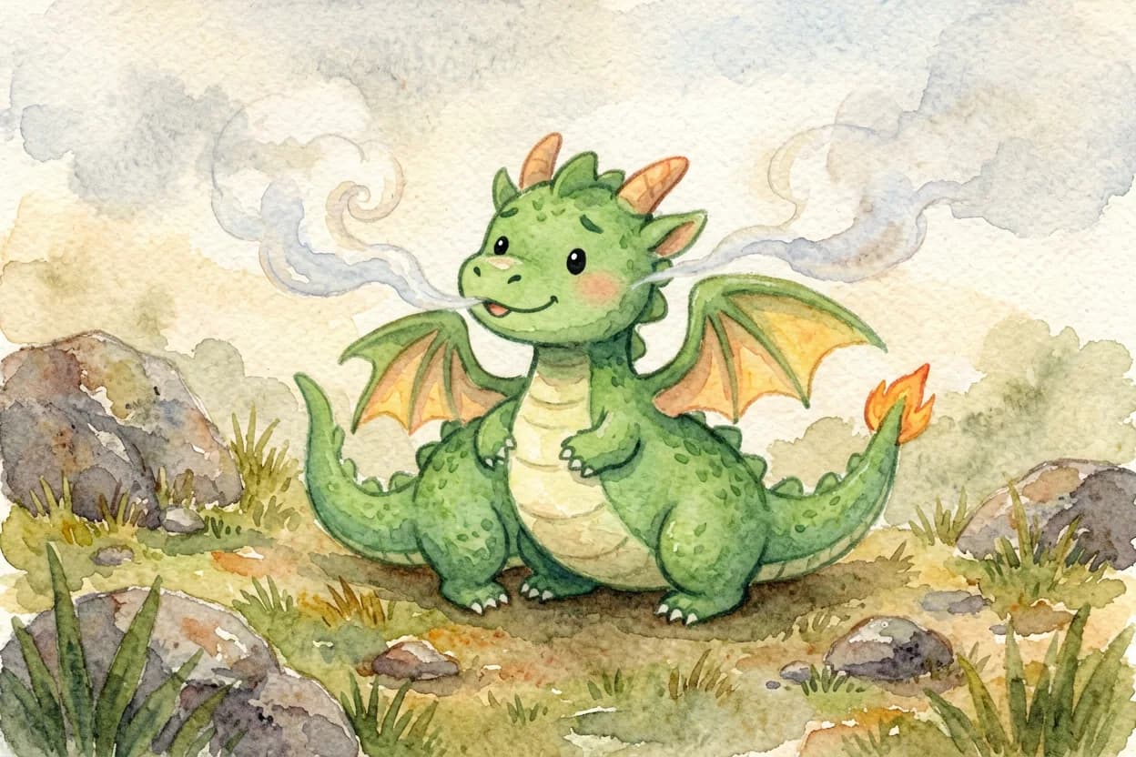 Watercolor illustration of a small friendly dragon breathing out slowly to cool his fiery anger on a hillside
