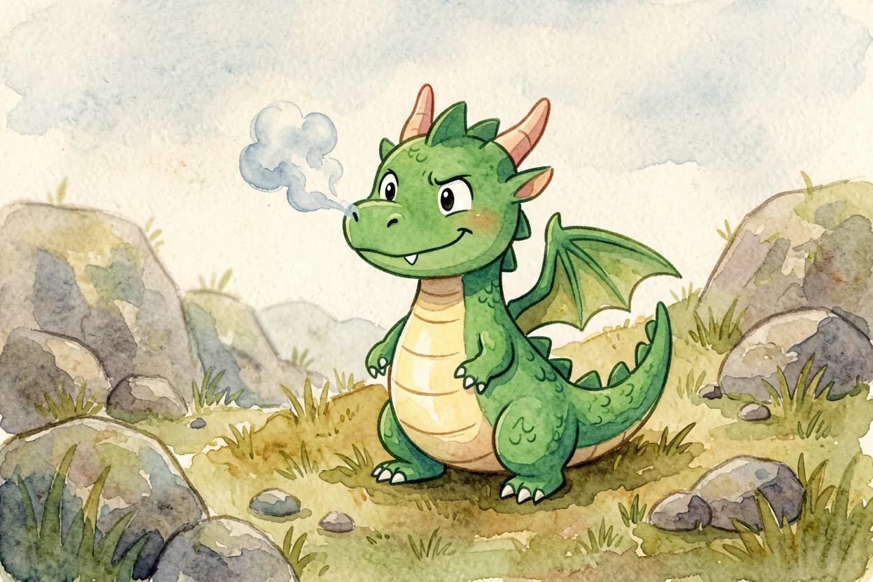 A small friendly dragon with a little smoke puffing from his nose, looking cross