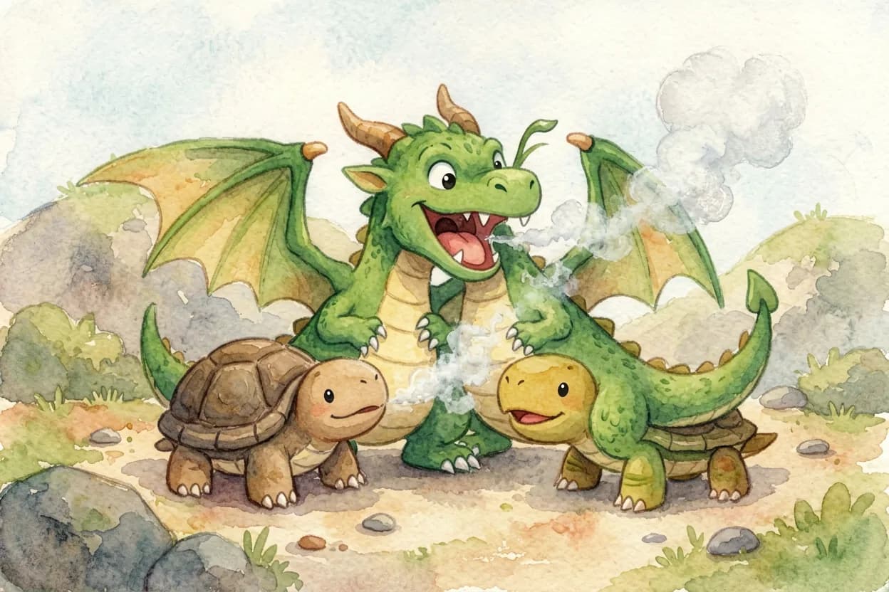 The little dragon roaring furiously with smoke pouring out, a stone flying near his tortoise friend