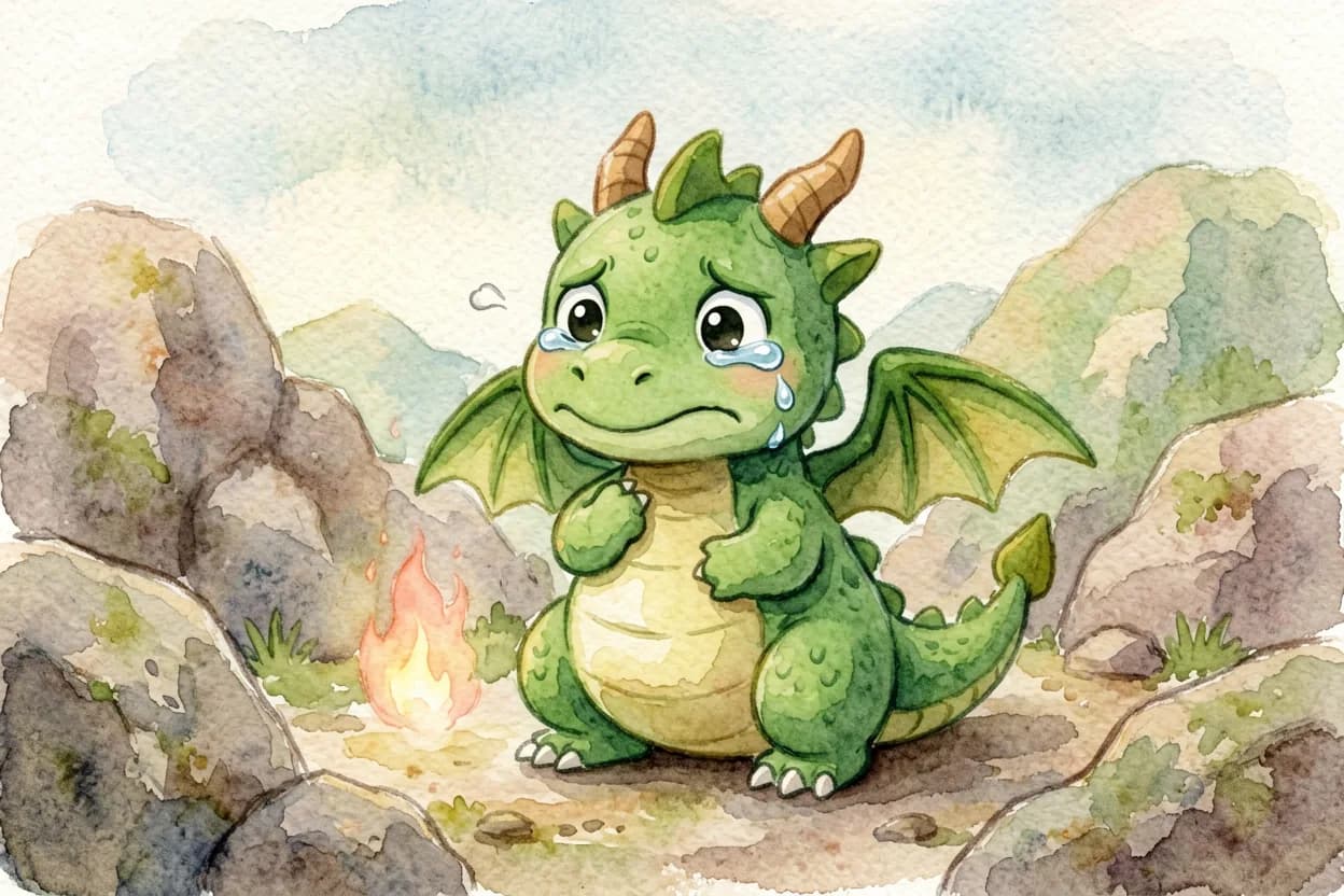 The little dragon looking upset and overwhelmed, tears in his eyes, fire still smouldering