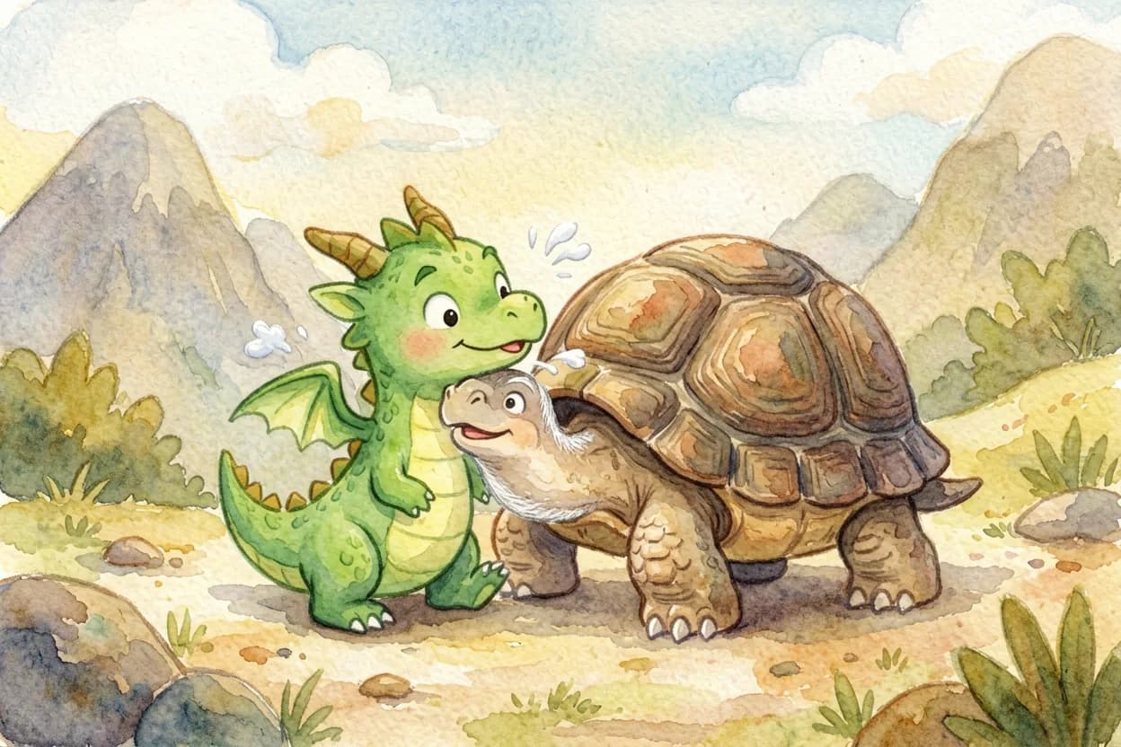 The wise tortoise gently teaching the little dragon to breathe in and blow out slowly to cool down