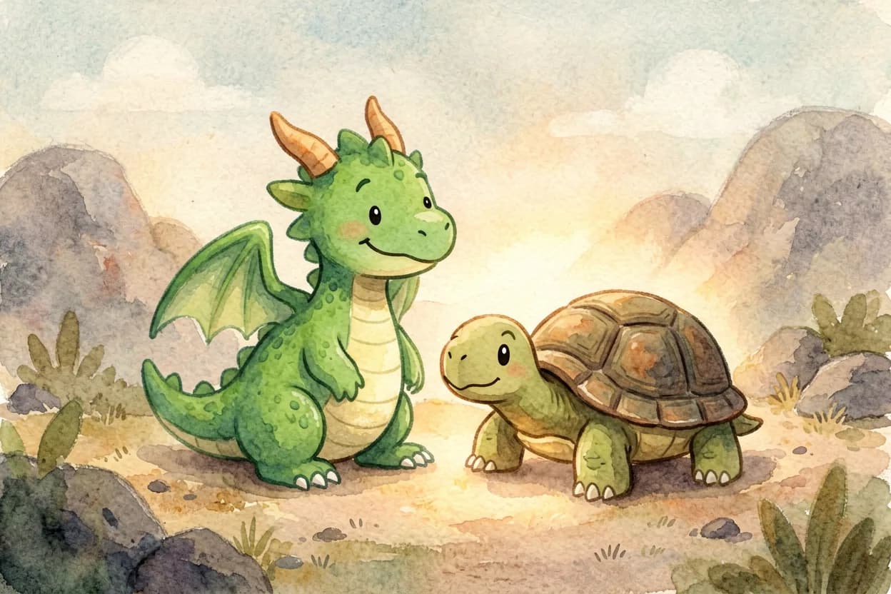 The little dragon calm and smiling beside his tortoise friend, only a gentle warm glow remaining
