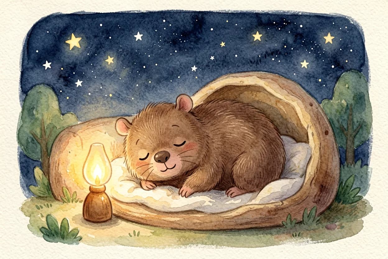 Watercolor illustration of a sleepy little wombat being tucked into a cosy burrow bed under a starry sky