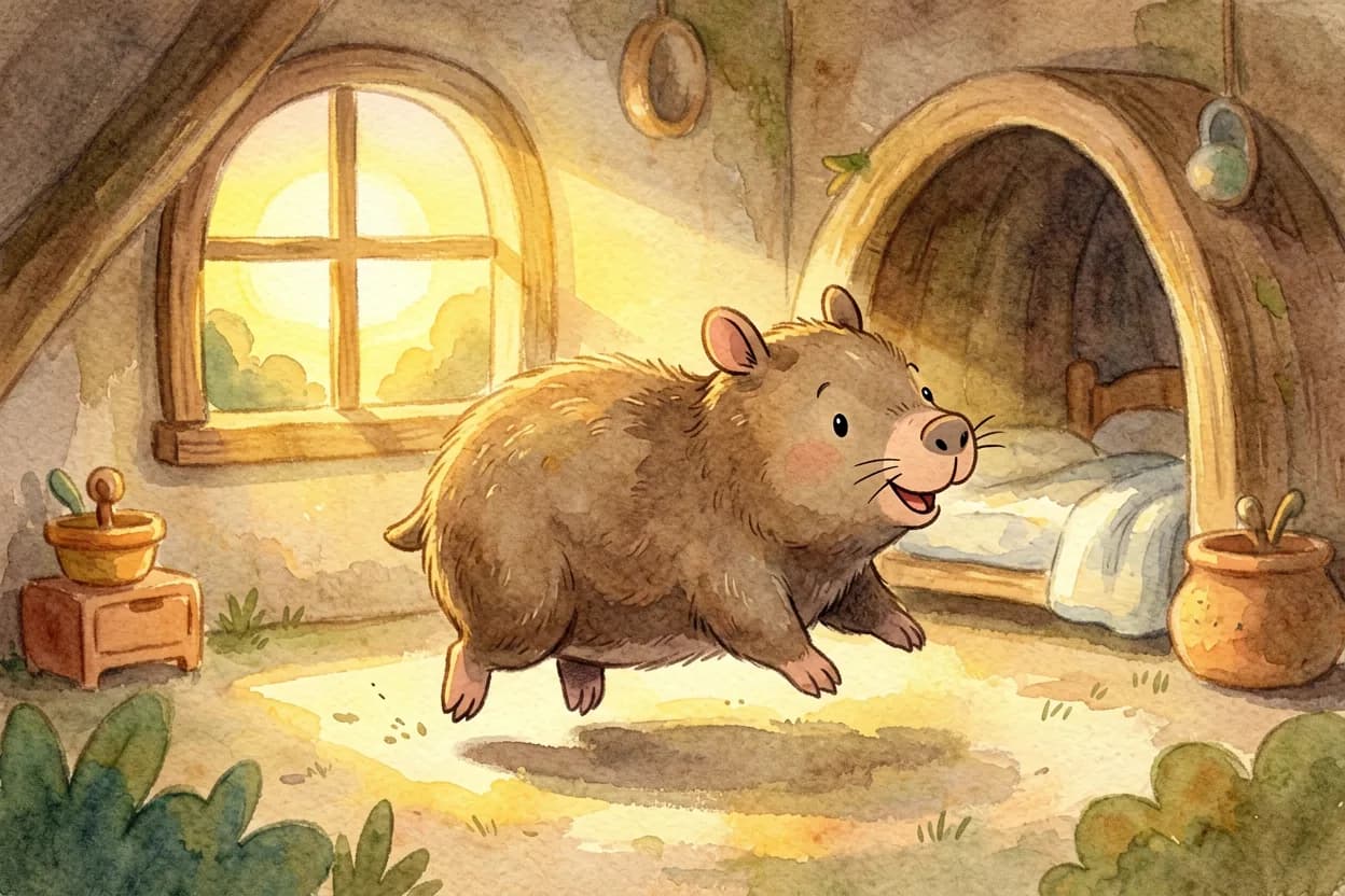 A lively little wombat bouncing and resisting bedtime as the sun sets outside the burrow