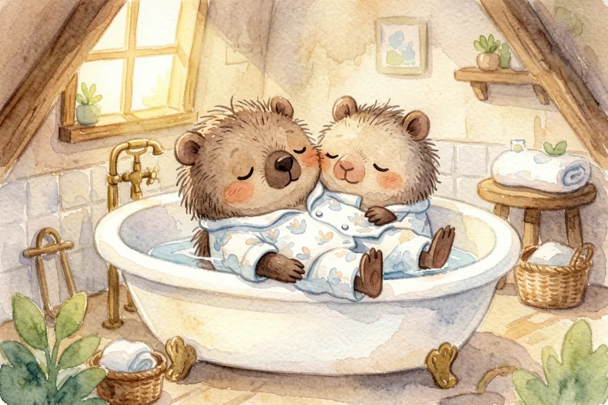 The little wombat in a warm bath, then cosy pyjamas, starting to feel calmer and sleepier