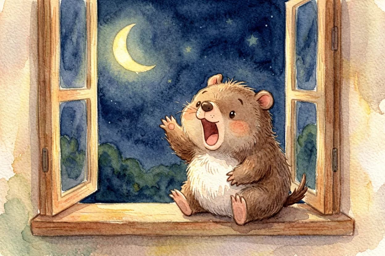 The little wombat yawning and waving goodnight out the window at the darkening sky