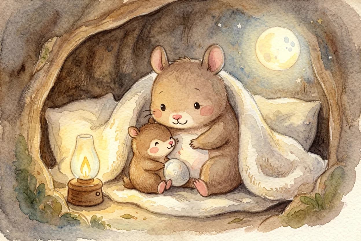 The mother wombat tucking the little wombat under a soft blanket, a small nightlight glowing