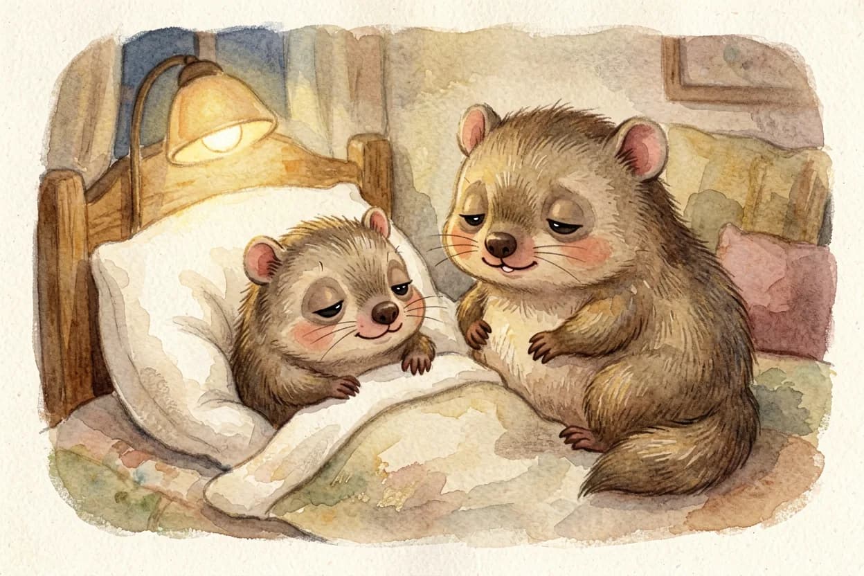 The little wombat breathing slowly in bed, eyelids drooping, the mother beside her