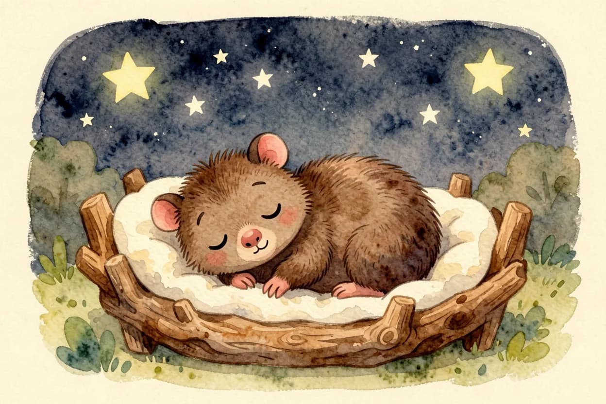 The little wombat fast asleep in her cosy burrow bed under a starry sky, peaceful and content