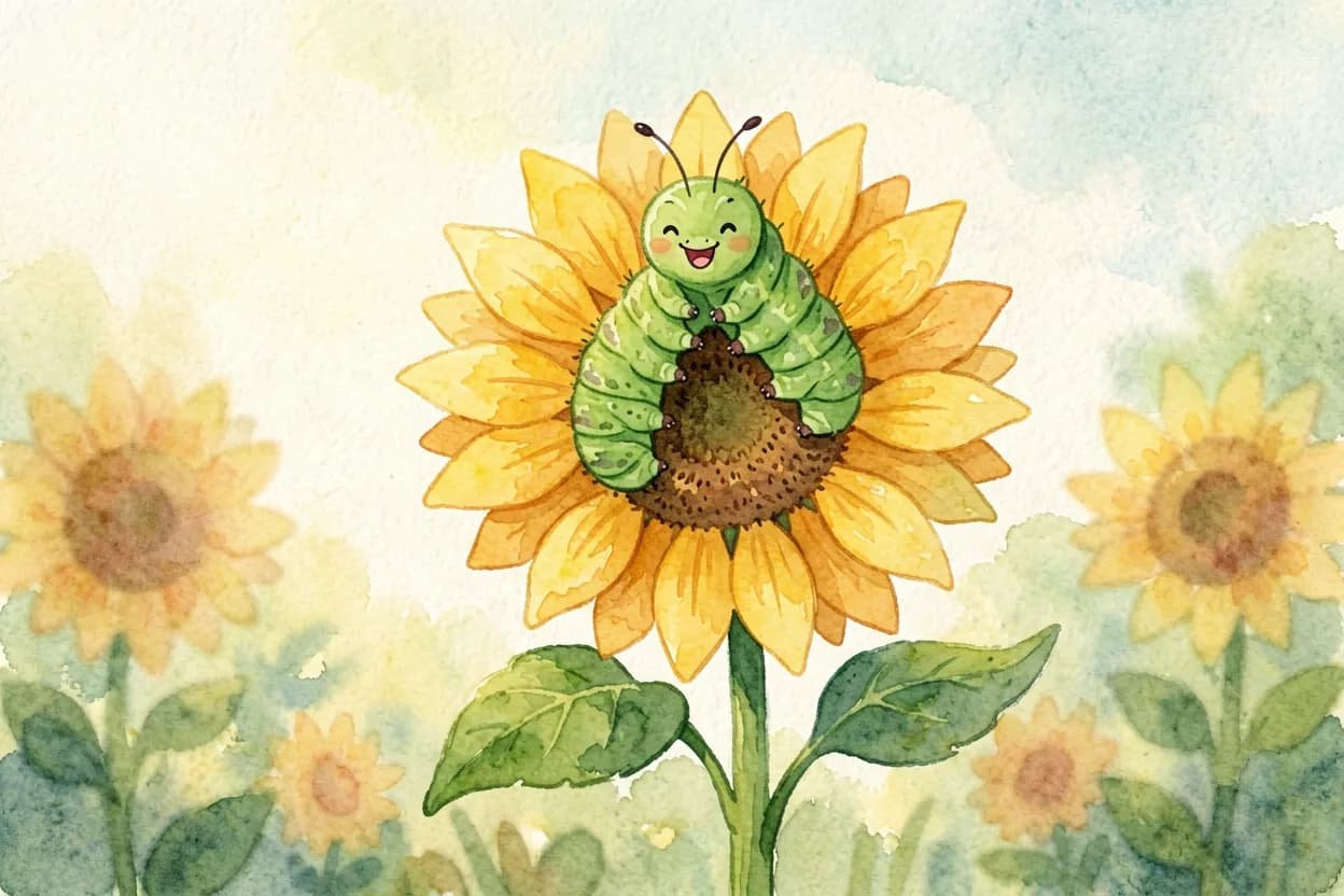 Watercolor illustration of a tiny inchworm proudly measuring a tall sunflower she has climbed, beaming