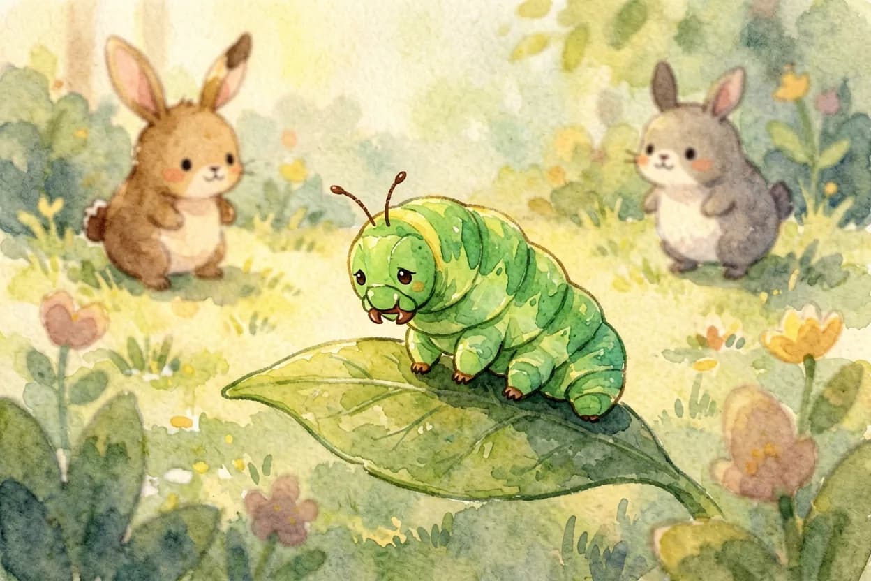 A tiny inchworm looking down at herself sadly on a leaf, other garden creatures busy around her