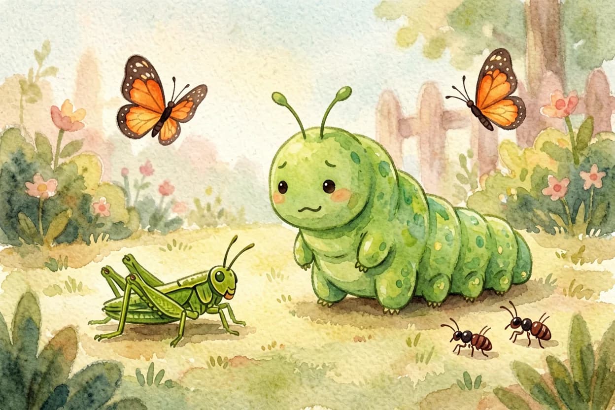 The tiny inchworm watching grasshoppers, butterflies and ants, feeling small and downhearted