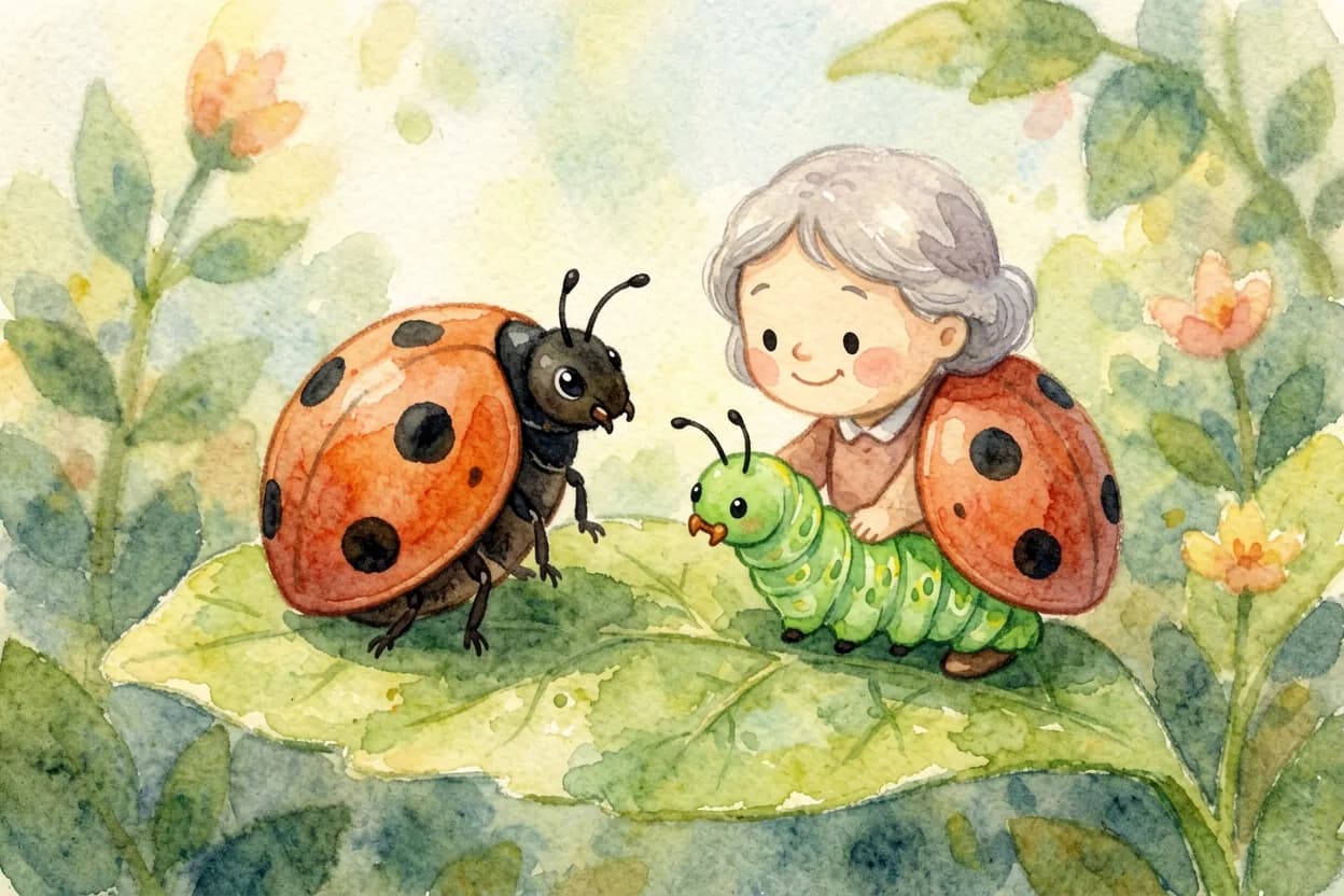 A kind old ladybird landing beside the tiny inchworm to encourage her