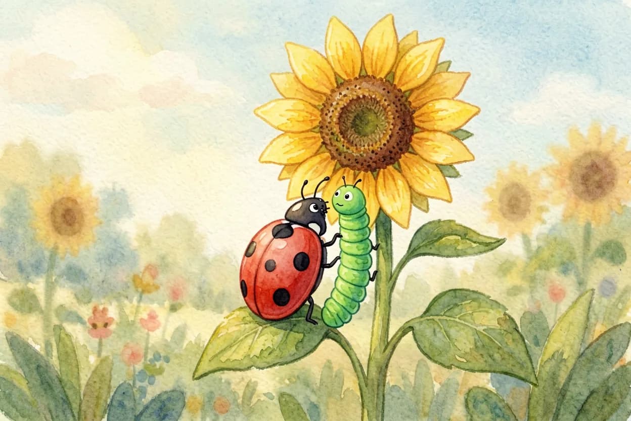 The ladybird pointing up at a very tall sunflower for the tiny inchworm to try to climb