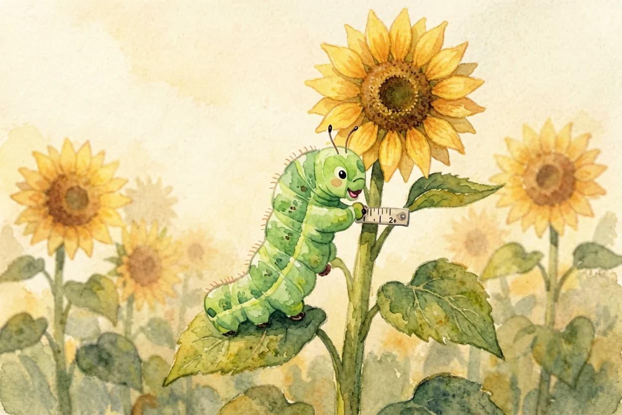The tiny inchworm slowly and determinedly measuring her way up the tall sunflower stem