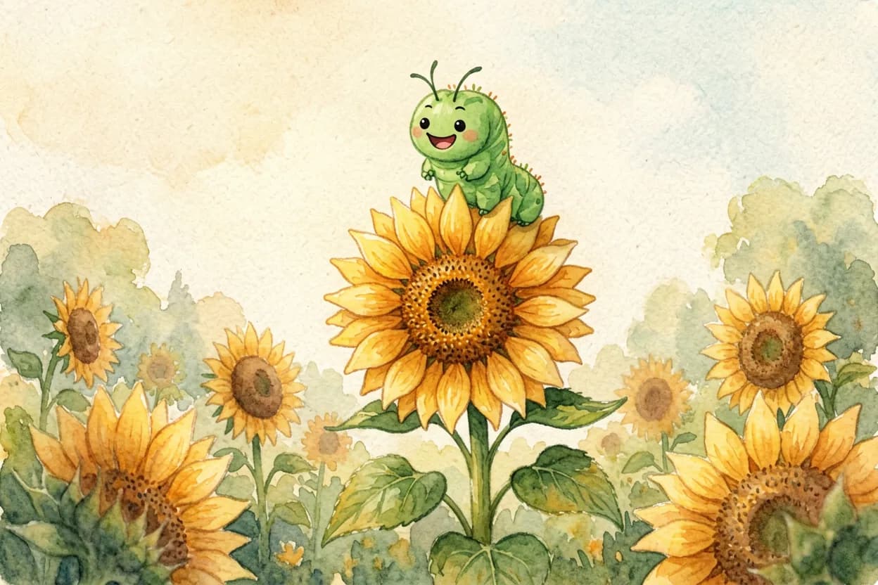 The tiny inchworm standing proudly atop the tall blooming sunflower, beaming, the whole garden below