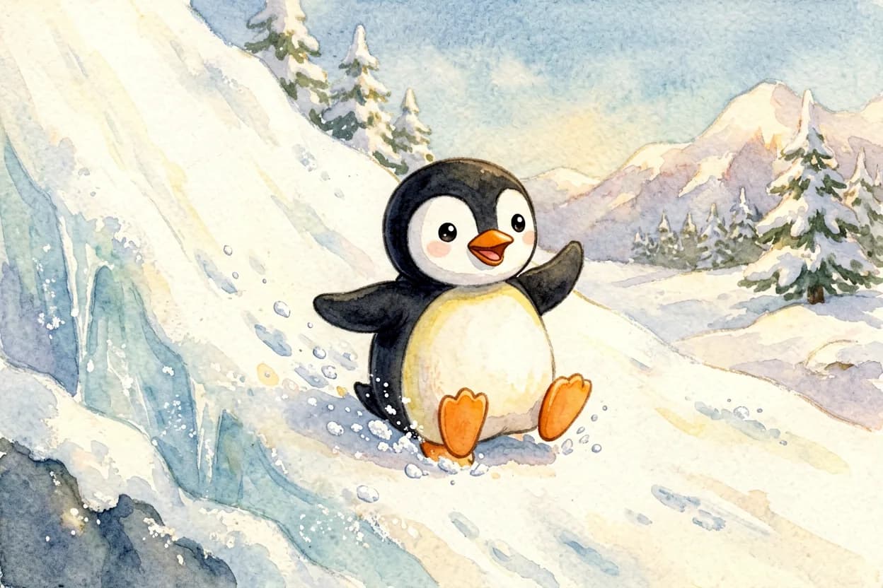 Watercolor illustration of a little penguin bravely sliding down a snowy slope for the first time, cheering