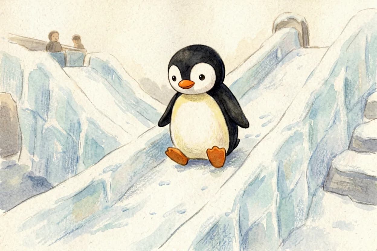A little penguin standing nervously at the top of a big snowy ice slide, looking down