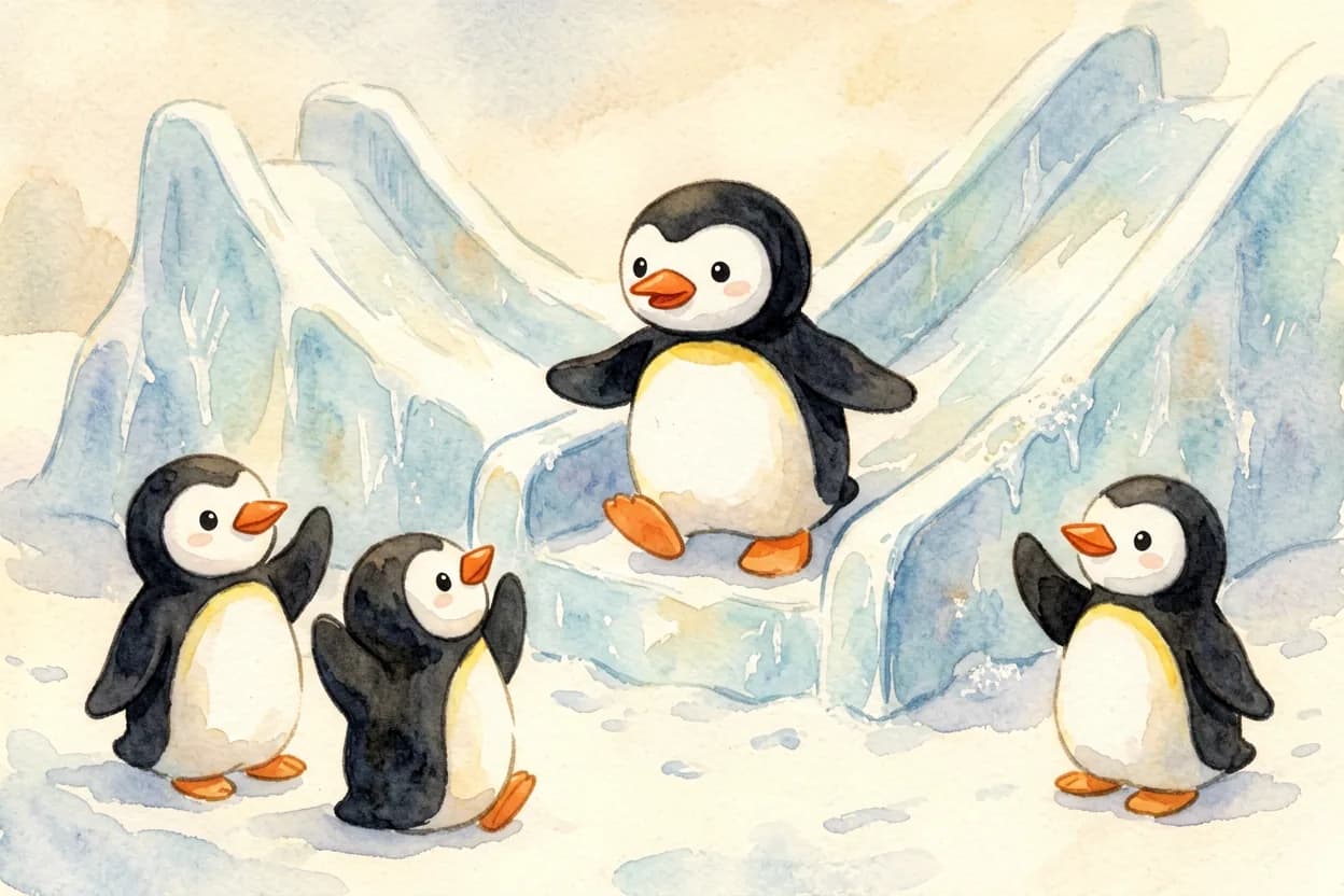The little penguin stepping back from the edge, tummy full of worry, friends waving below