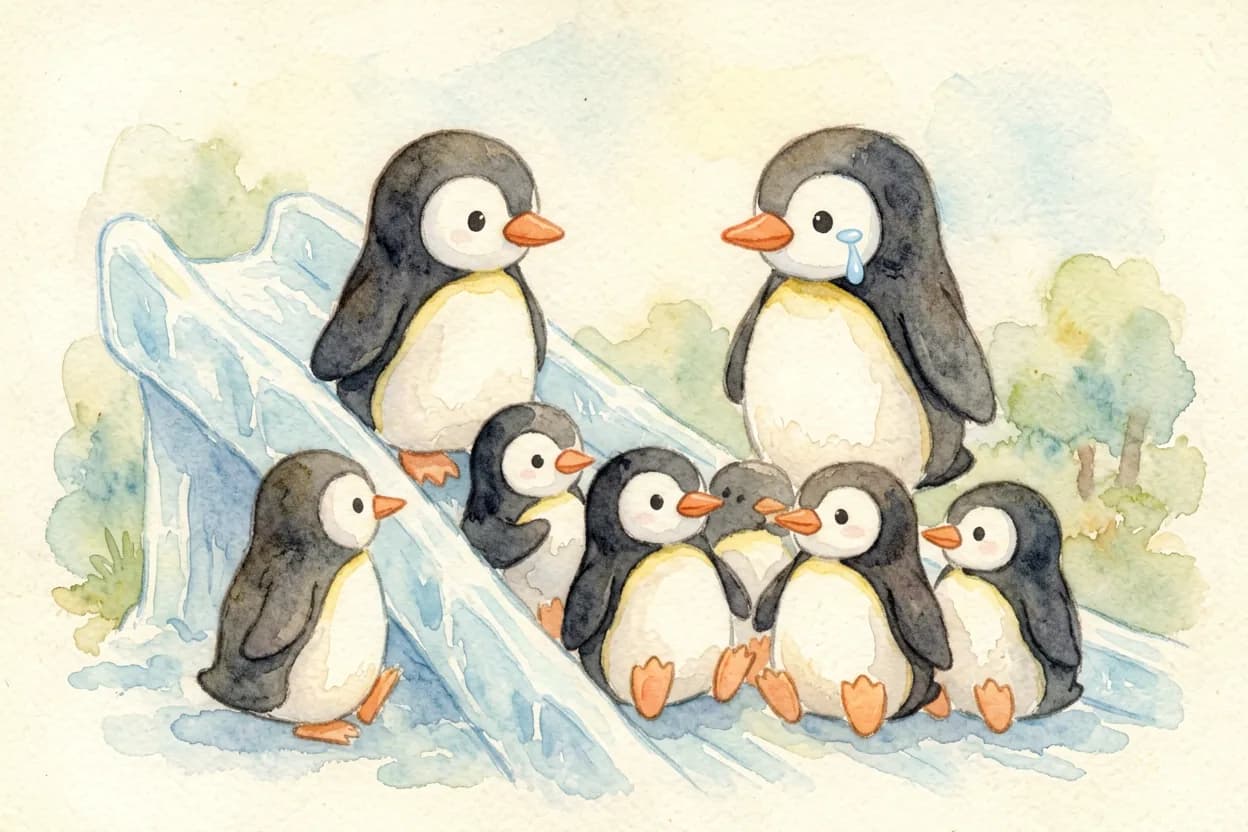 The little penguin watching sadly from the top as others slide, a tear on his beak