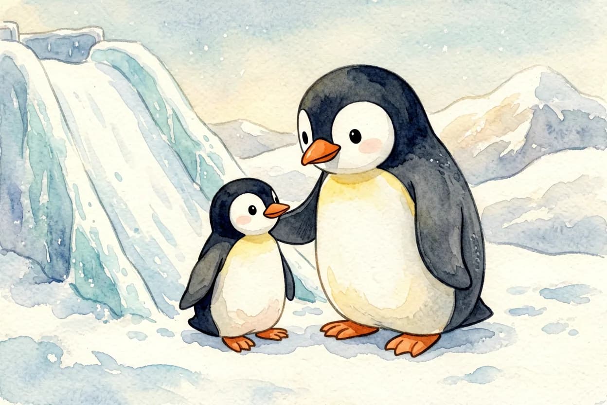 The penguin's kind big sister crouching beside him, encouraging him gently at the top of the slide