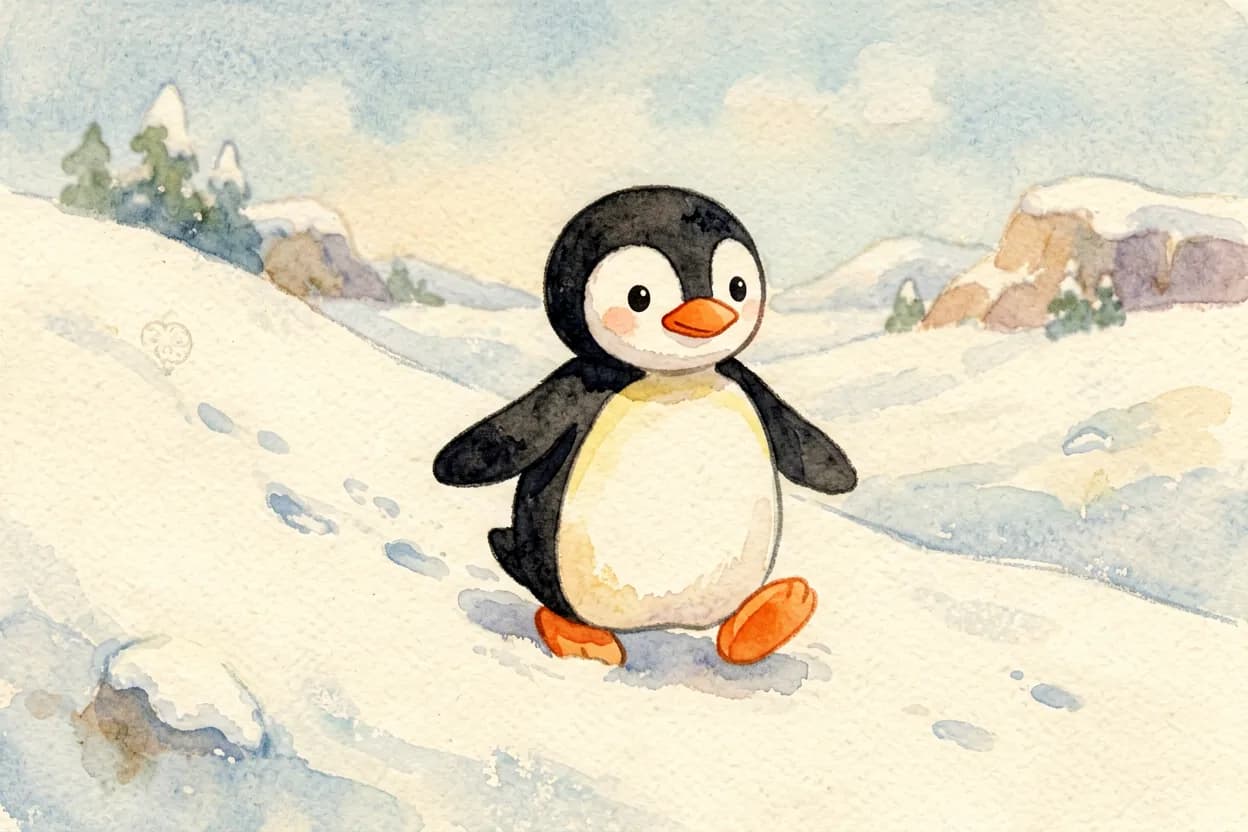The little penguin taking small brave steps, sliding a little way down the slope with his sister