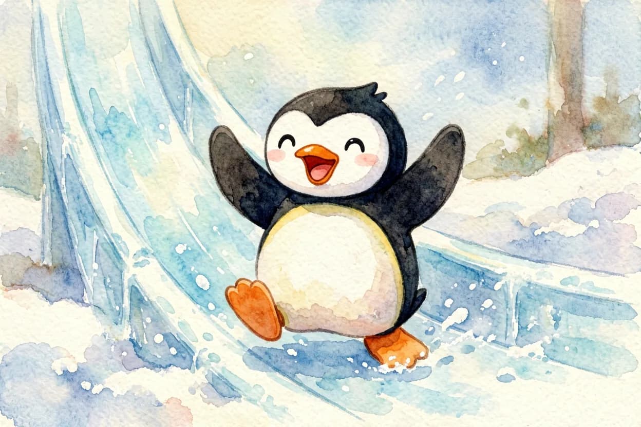 The little penguin zooming joyfully down the ice slide, flippers up, cheering with delight