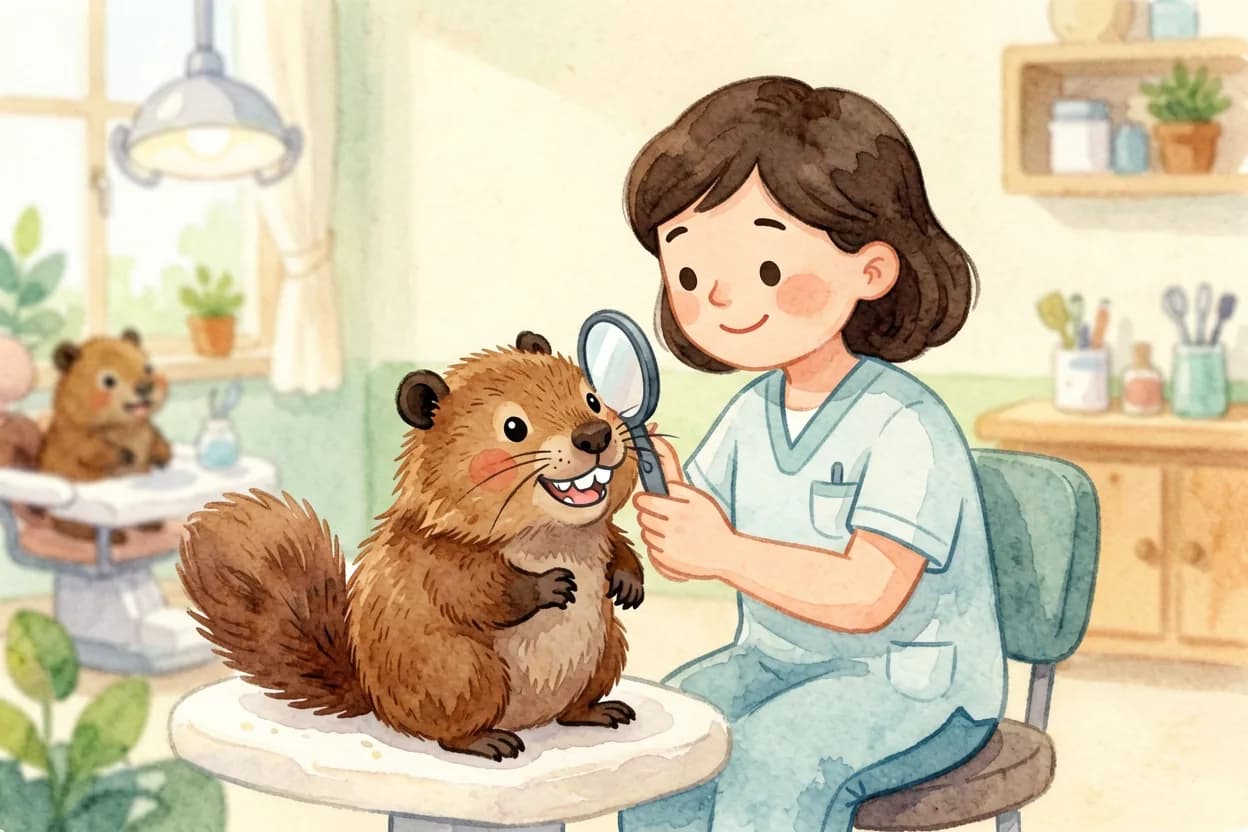 Watercolor illustration of a friendly dentist gently showing a little beaver a mirror to count her teeth