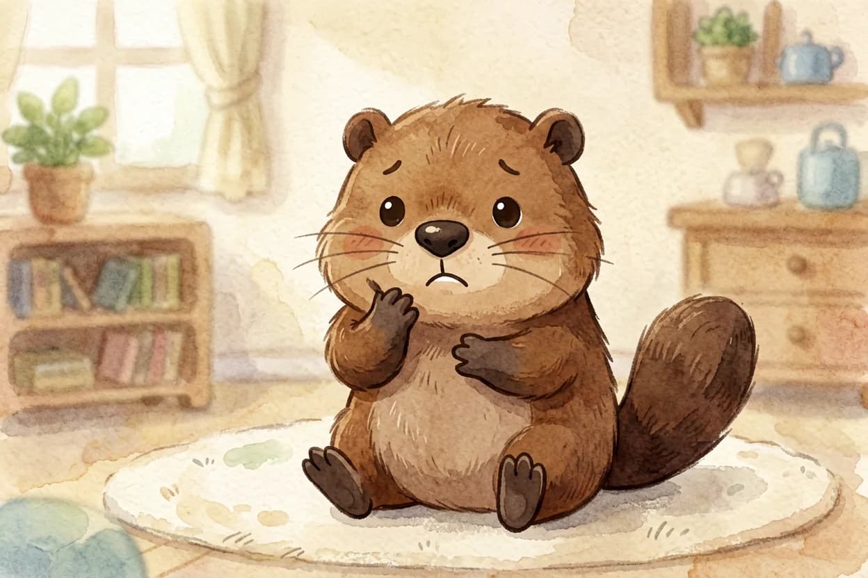 A little beaver looking anxious, holding her cheek, worried about her first dentist visit