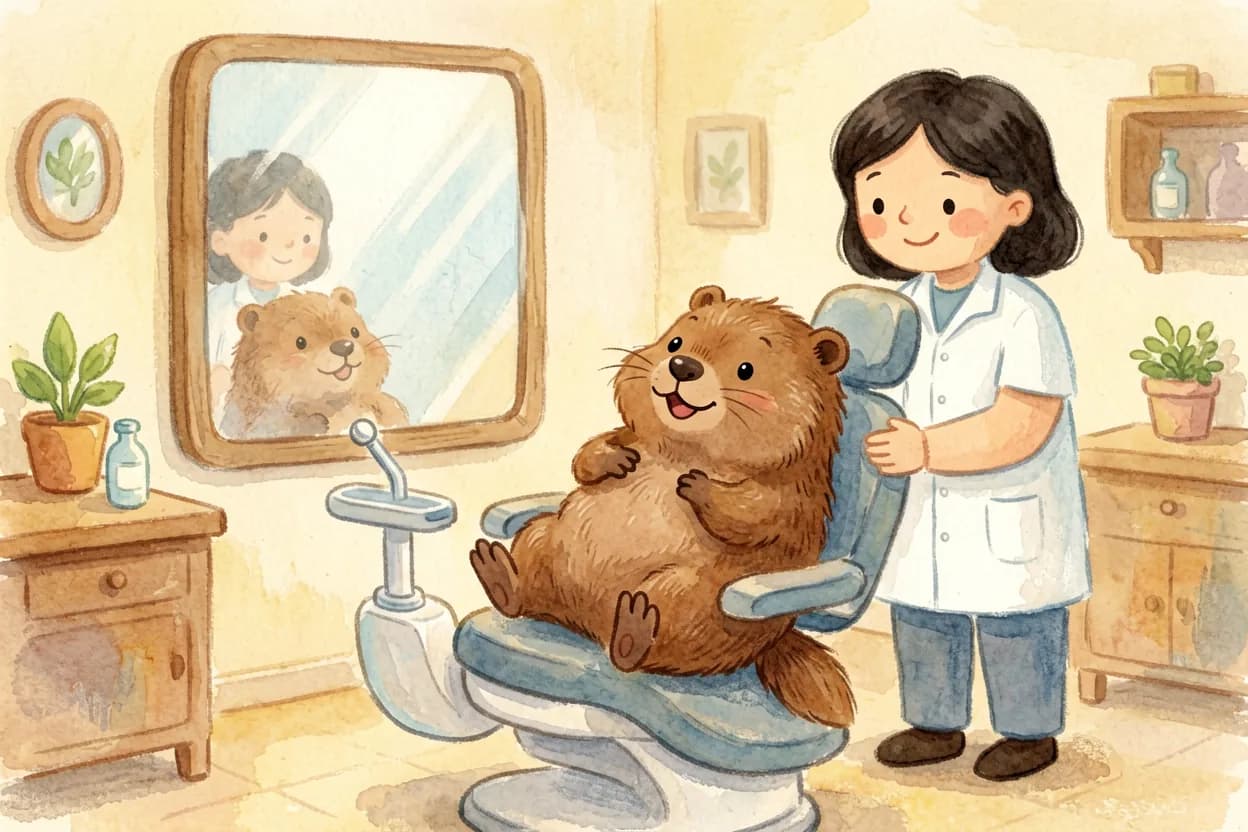 A little beaver having a fun ride in the reclining dental chair, the dentist smiling warmly