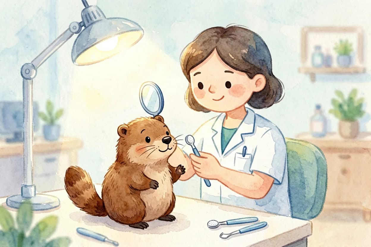 The dentist showing the little beaver a small mirror and tools under a bright light
