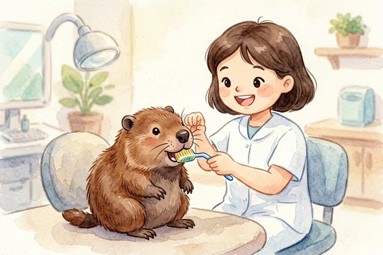 The dentist gently polishing the little beaver's teeth with a small buzzing brush, the beaver giggling