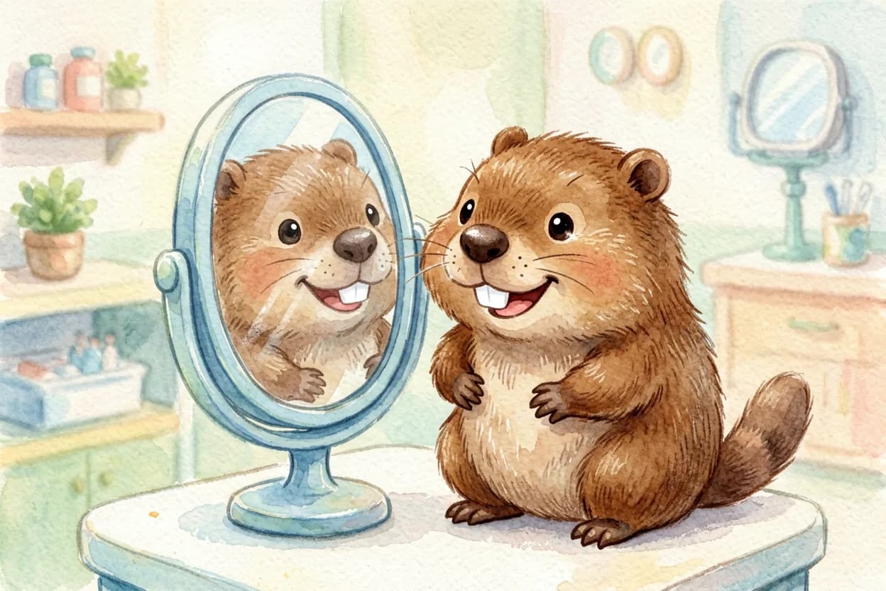 The little beaver admiring her clean sparkly teeth in a mirror, smiling proudly