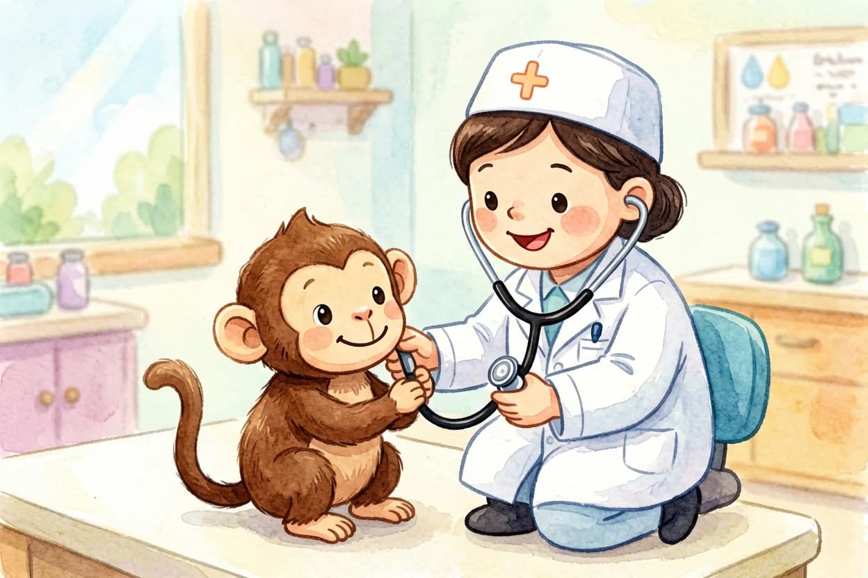 Watercolor illustration of a friendly doctor gently checking a little monkey with a stethoscope