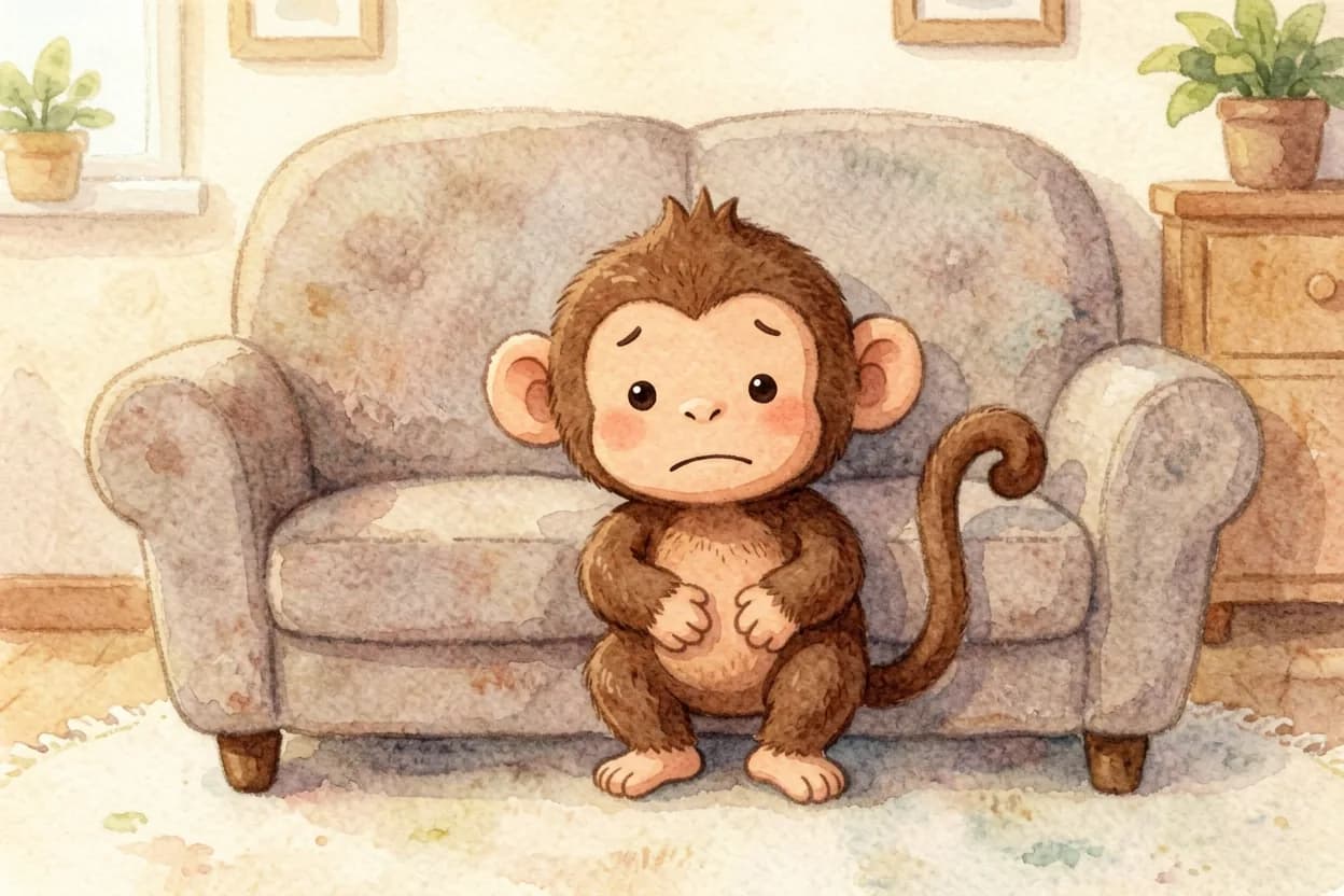 A little monkey hiding behind a sofa, tail curled up, worried about the doctor