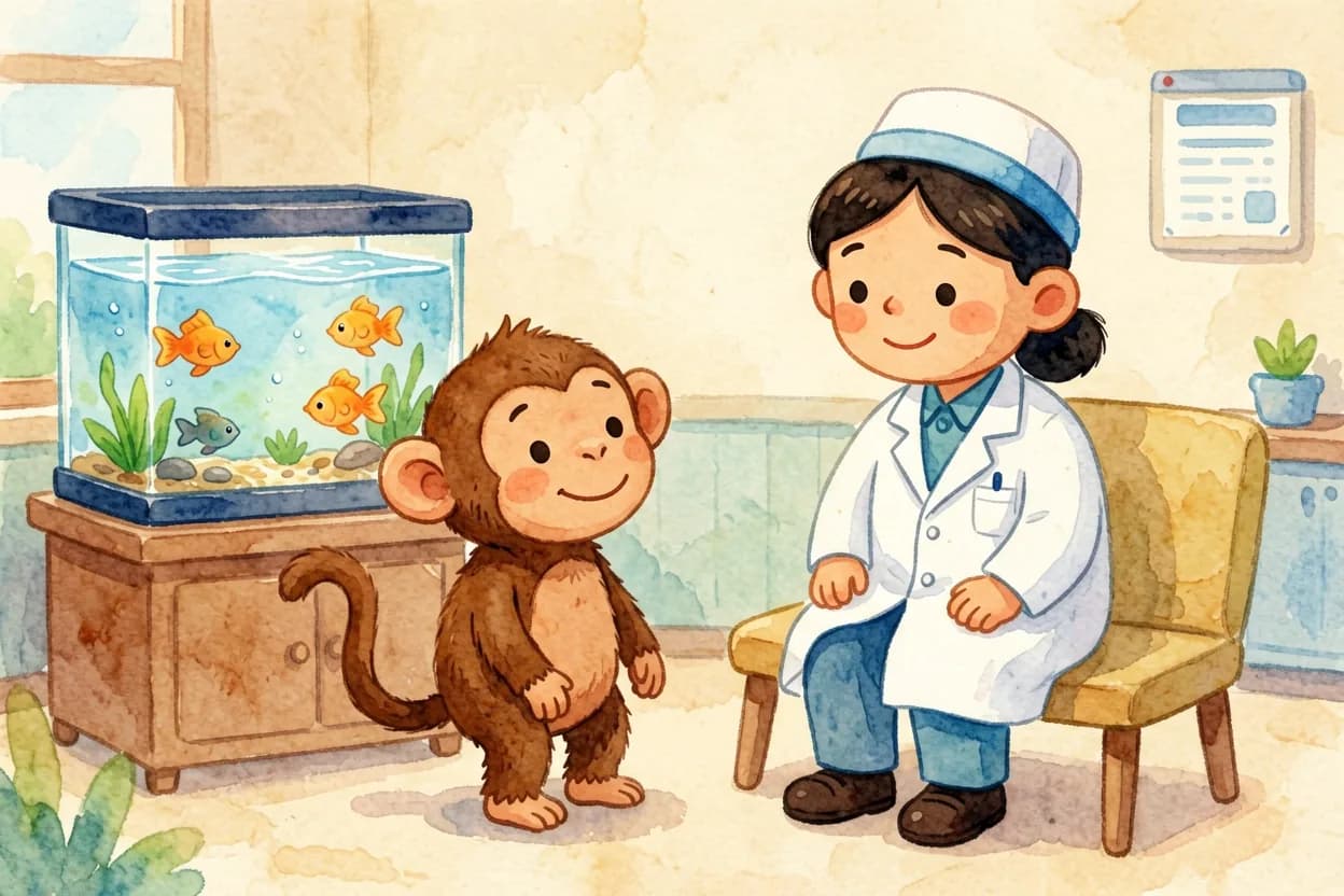 A little monkey in a friendly waiting room, being warmly greeted by a smiling doctor
