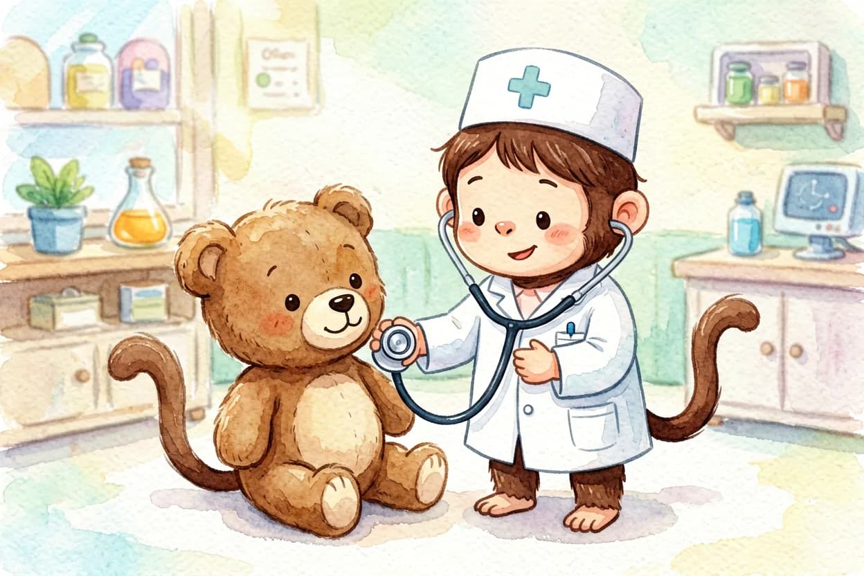 The doctor letting the little monkey try the stethoscope on his teddy first, then himself