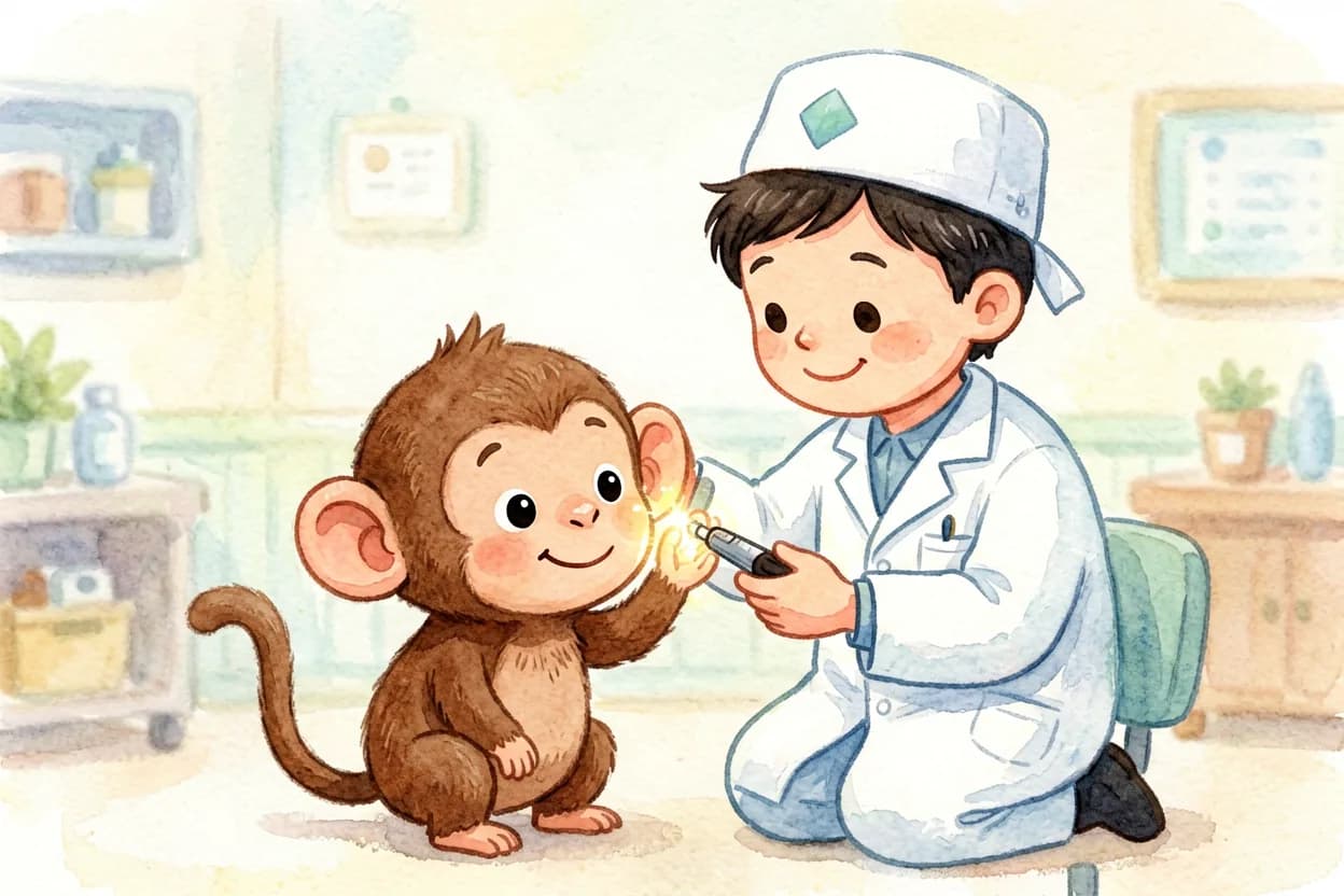The doctor gently looking in the little monkey's ears with a small light, both smiling
