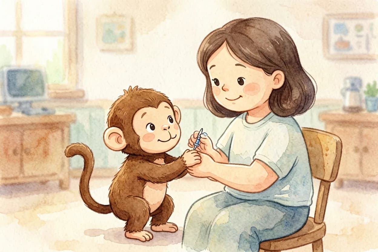 The little monkey squeezing his mother's hand and looking away during a quick injection