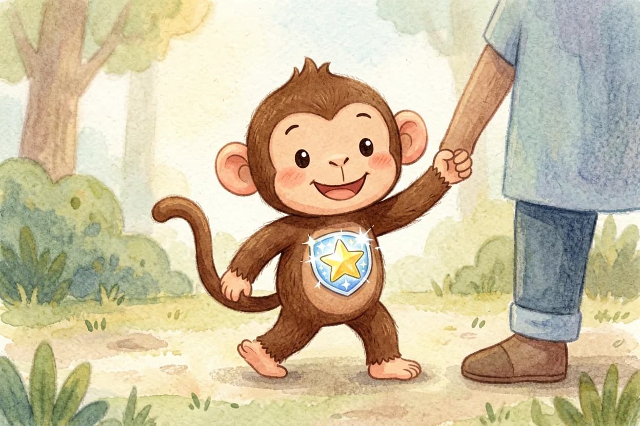The little monkey walking home proudly wearing his bravery sticker, holding his mother's hand