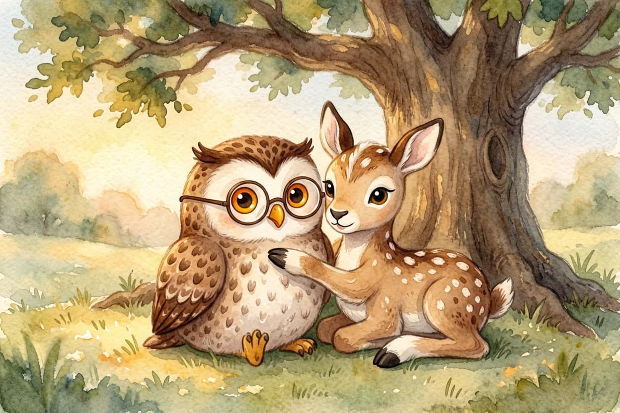 Watercolor illustration of a little owl wrapping a wing around a sad fawn to comfort her under a big oak tree