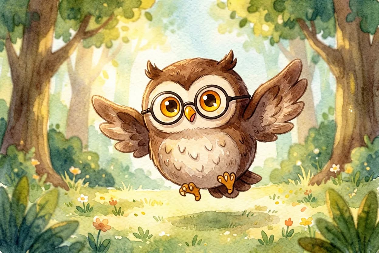 A small owl with round glasses fluttering busily and cheerfully around a sunny forest clearing
