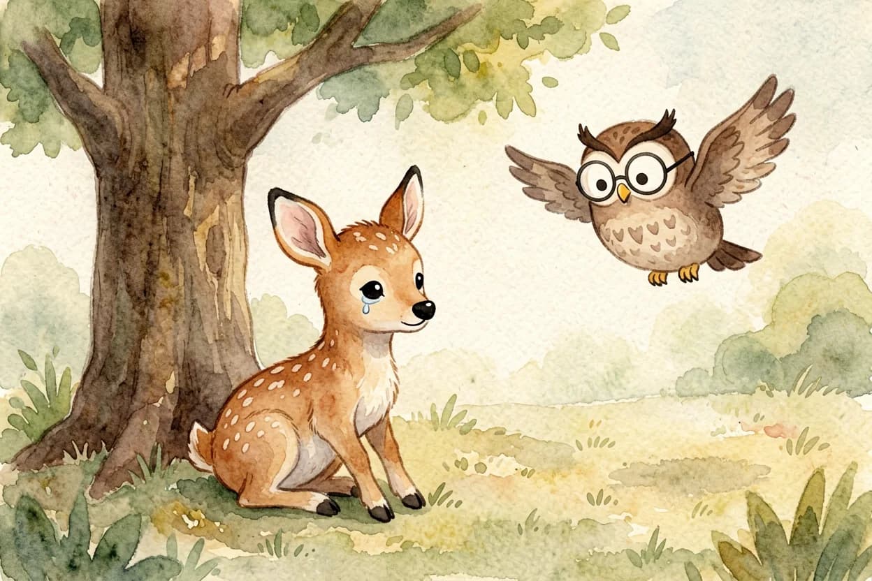 A little spotted fawn sitting alone under a tree with a tear on her cheek, looking sad