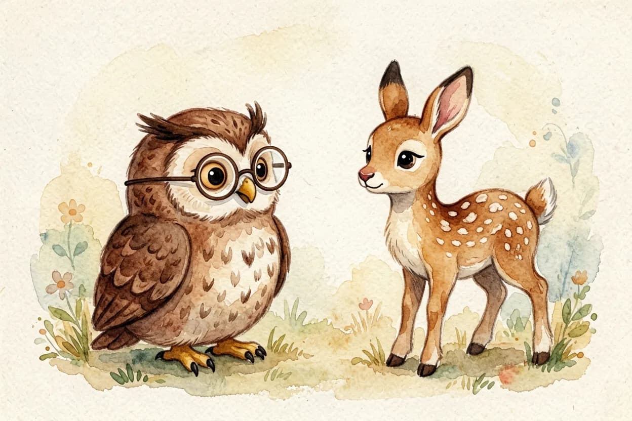 The owl pausing and looking back, noticing for the first time that the fawn is sad