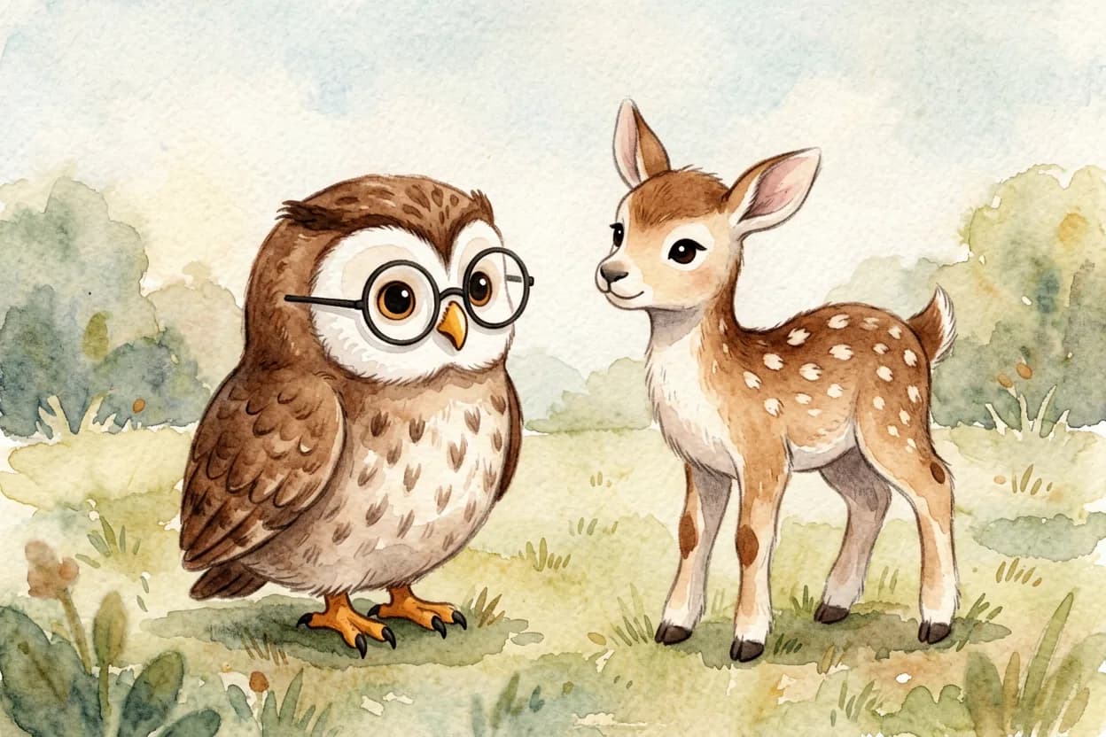 The owl landing gently beside the fawn and tilting his head to listen carefully
