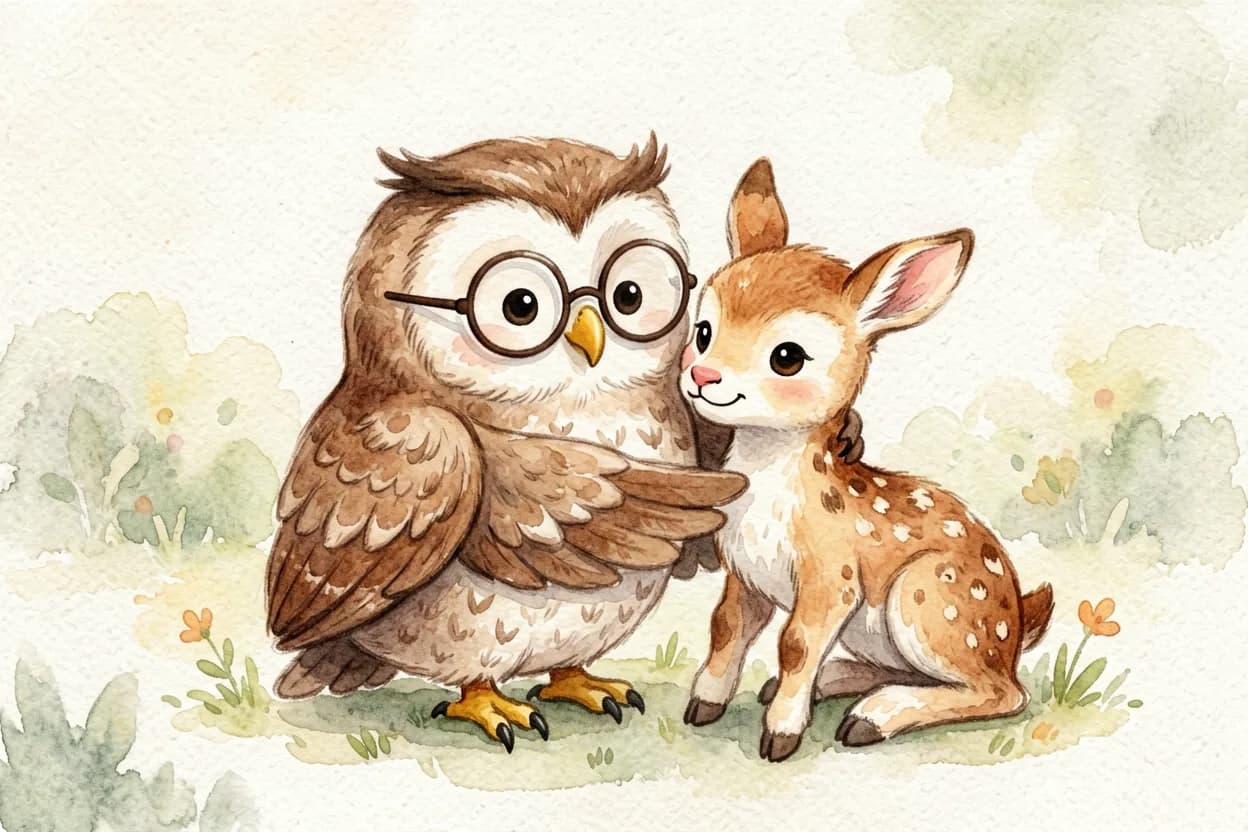 The owl wrapping a wing around the fawn to comfort her as she begins to smile