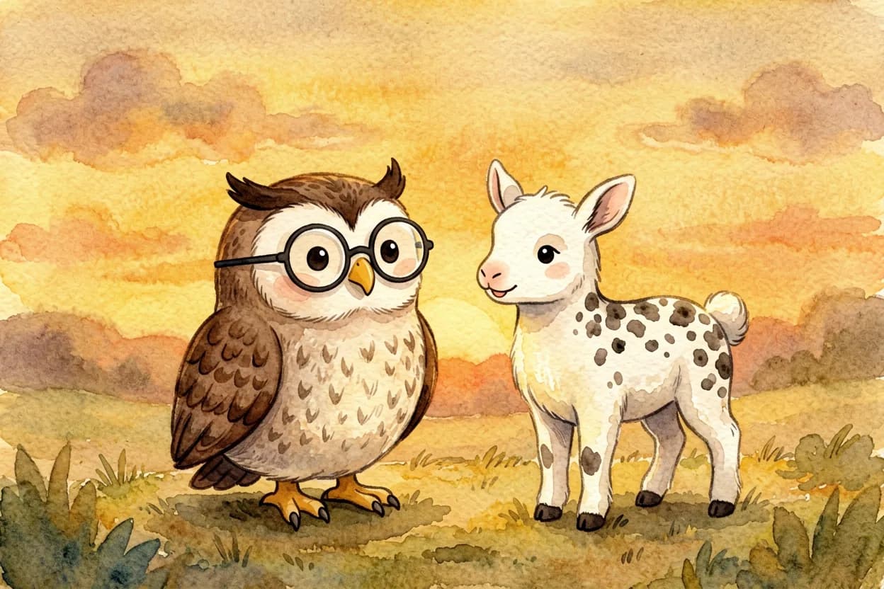 The owl and fawn watching the sunset together side by side, peaceful and close