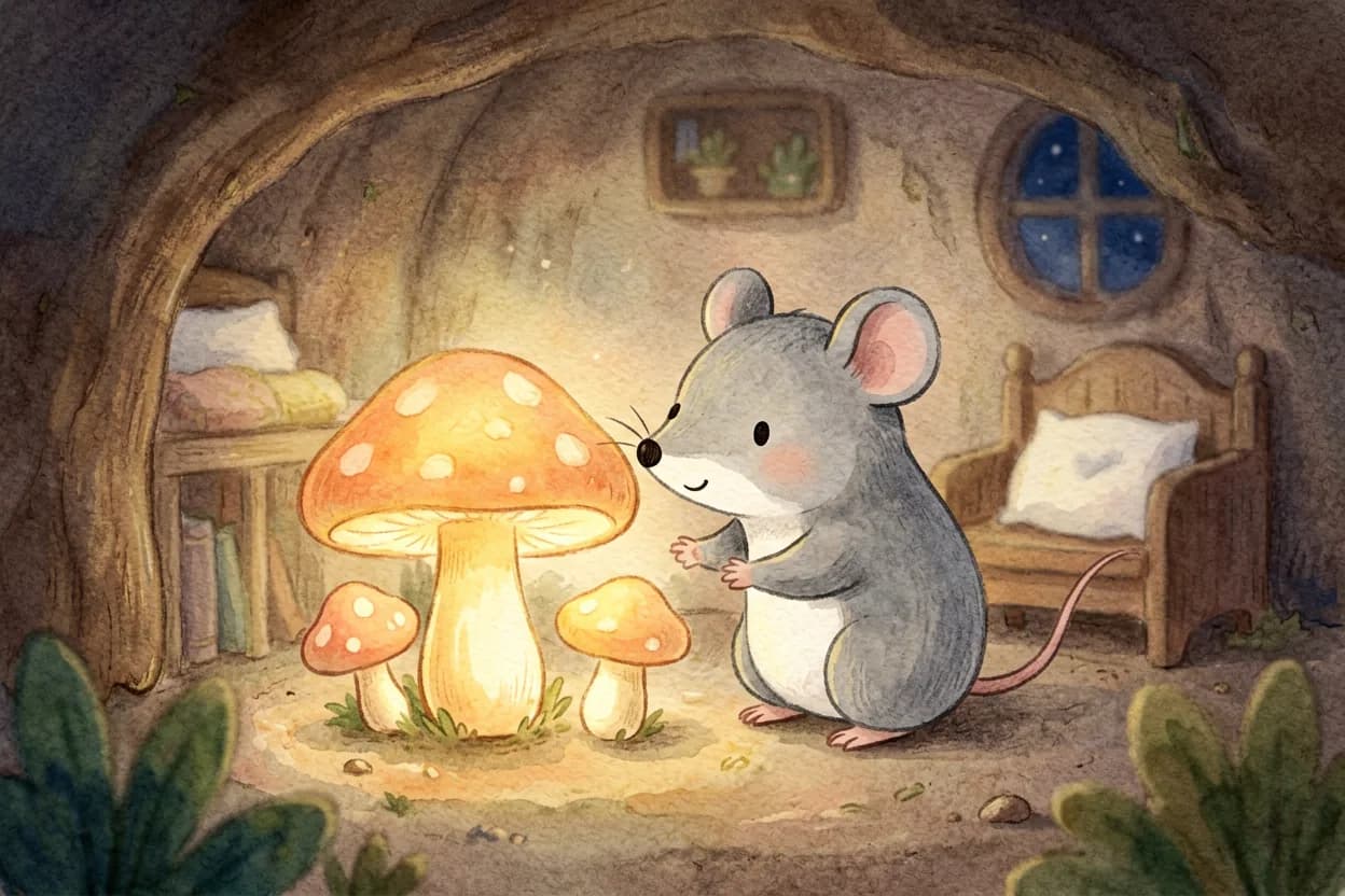 Watercolor illustration of a little mole discovering a cosy glowing mushroom lighting up a friendly night burrow