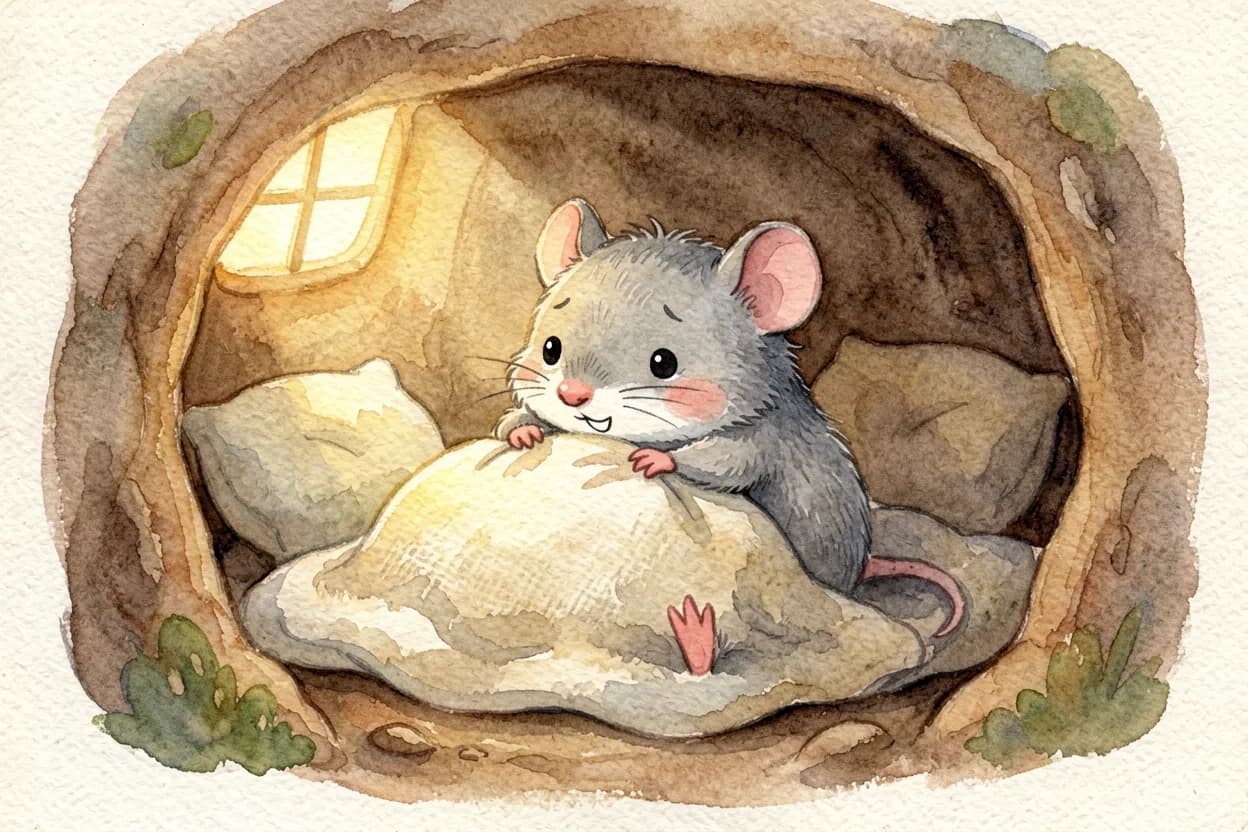 A little mole in his burrow bed looking frightened as the light goes out, blanket pulled up