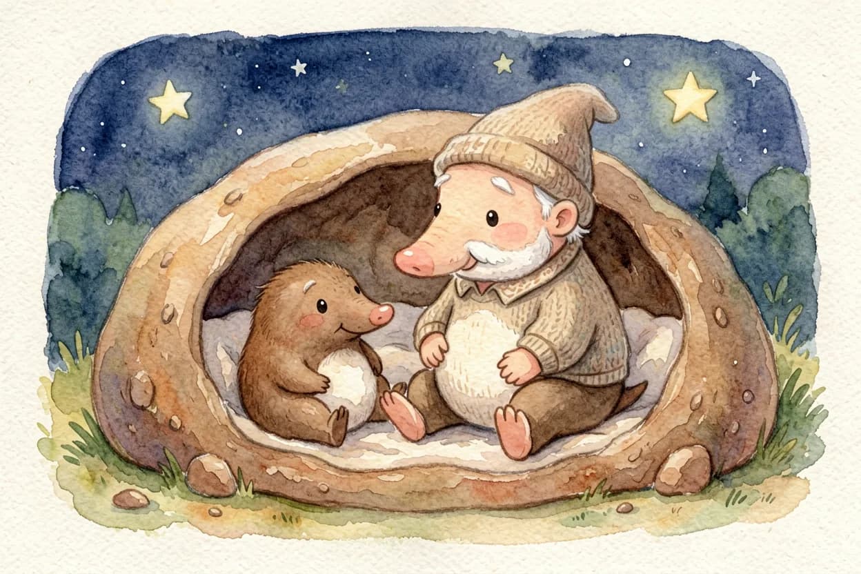 A wise old grandpa mole sitting kindly on the edge of the little mole's bed